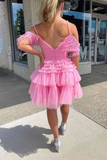 Off The Shoulder Pleated Tiered Tulle Party Dress,Pretty Homecoming Dress HZ1023