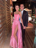 Classic Pink A-line Strapless Side Slit Long Party Prom Dresses HZ1023