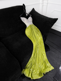 Gorgeous Mermaid Strapless Rhinestone Green Sequin Tulle Long Prom Dress Evening Dress HZ1023