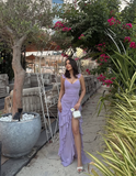 Lilac Flowy Sheath Spaghetti Strap Ruffle Chiffon Prom Dress Party Dress with Slit HZ1023