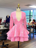 Cute Pink V Neck Long Sleeves Homecoming Dress HZ1023