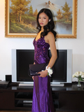 Purple Sheath Spaghetti Strap Appliques Satin Prom Dress Evening Dress with Slit HZ1023