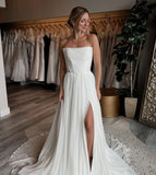 Simple A Line Strapless Corset White Chiffon Long Sweep Wedding Dress with Slit HZ1023