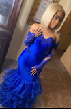 Royal Blue Satin Applique Layered Tulle Mermaid Prom Dress With Long Sleeves Gloves HZ1023