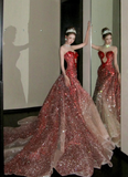 Mermaid Sweetheart Neck Red Ombre Sequin Tulle Long Prom Dress Graduation Prom Dress HZ1023