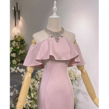 Pink Vintage Off The Shoulder Long Mermaid Prom Dress£¬Elegant Evening Dress HZ1023