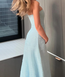 Elegant A Line Strapless Tiered Sky Blue Tulle Prom Dress Evening Dress HZ1023