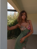 Retro Green Print Floral Strapless Satin Long Outfit Party Dress Vacation Dress Birthday Dress HZ1023