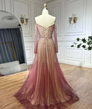 Elegant A Line Sweetheart Neck Long Sleeve Sequins Beads Tulle Prom Dress HZ1023