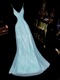 Blue Mermaid V Neck Beaded Chiffon Satin Long Prom Dress Party Dress HZ1023