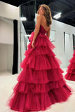 Strapless Layered Red Tulle Long Prom Dresses Formal Evening Dresses HZ1023