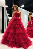 Strapless Layered Red Tulle Long Prom Dresses Formal Evening Dresses HZ1023