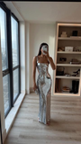 Silver Sequin Sexy Backless Prom Dress Mermaid Evening Dress HZ1023
