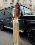 Light Yellow Sheath Spaghetti Strap Satin Open Back Prom Dress Party Dress HZ1023