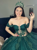 Green Tulle Applique Off the Shoulder Long Prom Dress Quinceanera Dress Ball Gown HZ1023