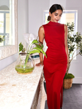 Elegant Sheath Round Neck Red Satin Open Back Prom Dress Evening Dress HZ1023