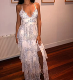 Elegant A Line Spaghetti Strap Tiered Tulle Prom Dress Evening Dress with Slit HZ1023