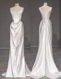 Fashion Mermaid Straps Long Prom Dress White Satin Wedding Dress HZ1023