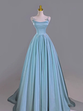 Blue A Line Spaghetti Strap Pearl Bow Satin Prom Dress Graduation Prom Dress HZ1023