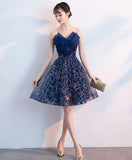 Dark blue v neck tulle sequin short prom dress, blue homecoming dress HZ1023