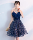Dark blue v neck tulle sequin short prom dress, blue homecoming dress HZ1023