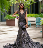 Gorgeous Mermaid V Neck Black Sequin Tulle Long Sweep Prom Dress Evening Dress HZ1023
