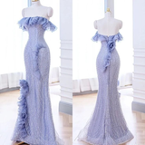 Lavender Flower Ruffles Beaded Lace Prom Dress Mermaid Evening Dress HZ1023