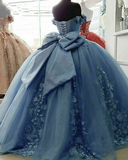 Sweetheart Tulle Applique Quinceanera Dresses Blue Off Shoulder Formal Prom Dress HZ1023