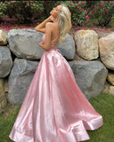 Pretty A Line Spaghetti Straps Backless Pink Satin Prom Dress Formal Evening Dress HZ1023