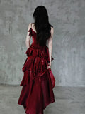 Pretty Irregular Ruffle Spaghetti Straps Burgundy Prom Dresses With Flower Long Birthday Dress HZ1023