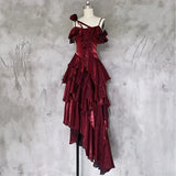 Pretty Irregular Ruffle Spaghetti Straps Burgundy Prom Dresses With Flower Long Birthday Dress HZ1023