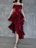 Pretty Irregular Ruffle Spaghetti Straps Burgundy Prom Dresses With Flower Long Birthday Dress HZ1023