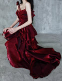 Pretty Irregular Ruffle Spaghetti Straps Burgundy Prom Dresses With Flower Long Birthday Dress HZ1023