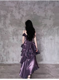 Pretty Irregular Ruffle Spaghetti Straps Grape Prom Dresses With Flower Long Birthday Dress HZ1023