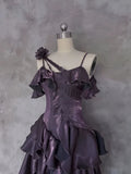 Pretty Irregular Ruffle Spaghetti Straps Grape Prom Dresses With Flower Long Birthday Dress HZ1023