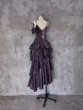 Pretty Irregular Ruffle Spaghetti Straps Grape Prom Dresses With Flower Long Birthday Dress HZ1023