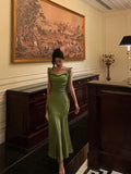 Classy Mermaid Straps Green Satin Long Evening Dresses Birthday Outfits HZ1023