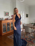 Navy Blue Sheath V Neck Satin Open Back Long Sweep Prom Dress Graduation Prom Dress HZ1023