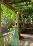 Charming Green A Line Spaghetti Strap Ruffle Chiffon Long Prom Dress Party Dress HZ1023