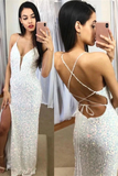 Spaghetti Straps Mermaid Prom Dress, Sparkly Sequins Slit Long Formal Gown HZ1023