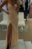 Spaghetti Straps Mermaid Prom Dress, Sparkly Sequins Slit Long Formal Gown HZ1023
