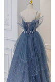 Gorgeous Blue Sparkly Tulle Beaded Prom Dress, Tiered Formal Gown With Rhinestone HZ1023