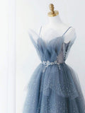 Gorgeous Blue Sparkly Tulle Beaded Prom Dress, Tiered Formal Gown With Rhinestone HZ1023