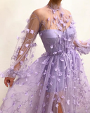 Sexy Tulle High Neck Front Slit Prom Dress Chic Appliques Flowers Long Sleeves Prom Dresses HZ1023