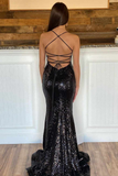 Elegant Mermaid Floor Length Black Sequin Prom Dresses HZ1023