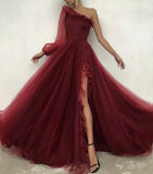 Burgundy tulle prom dress one shoulder evening dress HZ1023