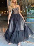 Black Sling Heavy Craft Mesh Gown Prom Dress HZ1023