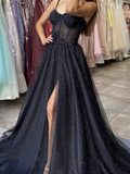 Black sweetheart neck tulle long prom dress, black tulle evening dress HZ1023