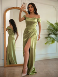 Sheath/Column Elastic Woven Satin Ruched Off-the-Shoulder Sleeveless Floor-Length Prom Dress HZ1023