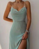 Chain Linked Cowl Neck Split Thigh Slip Dress Prom Dress HZ1023